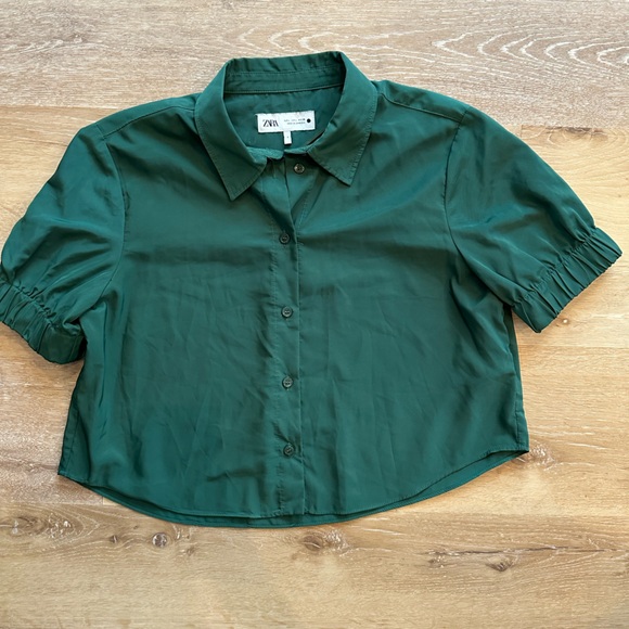 Zara Tops - Zara Dark Green Cropped Button-Up Blouse